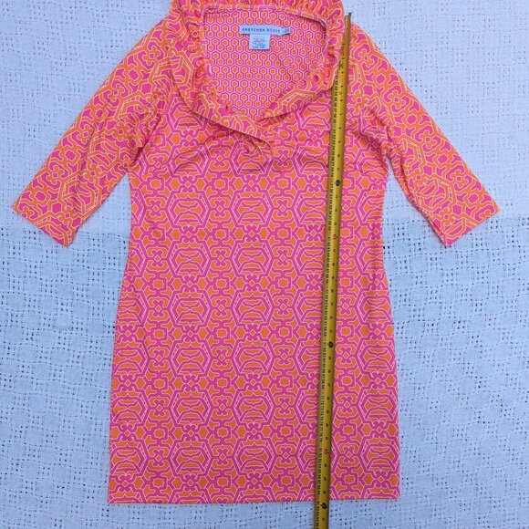 Gretchen Scott Pink & Orange Ruffneck Shift Dress Size L Knee Length 3/4 Sleeve - Picture 6 of 8